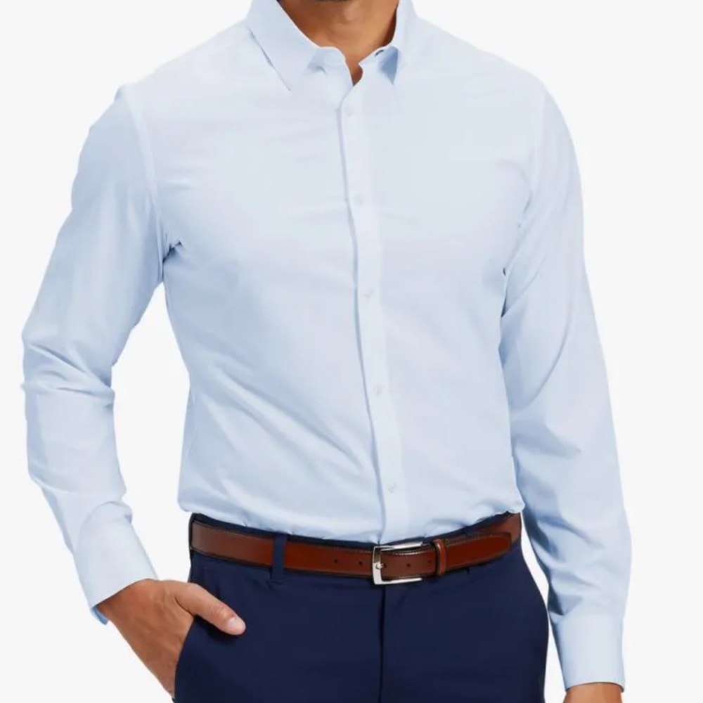 Mizzen+Main Nelson Solid Blue dress shirt. Medium trim